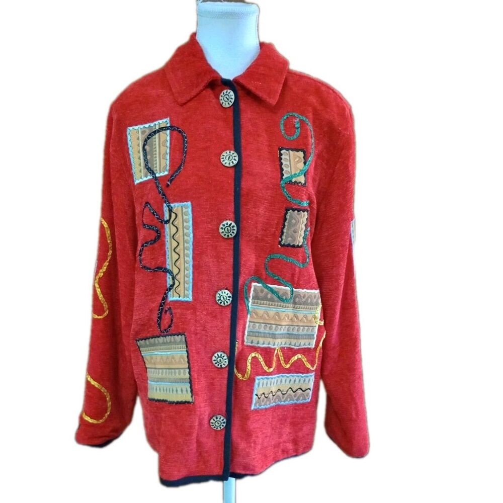 Vintage 90s Earth Sea & Sky Knit Jacket Size M Red Embroidered Ribbon Eclectic